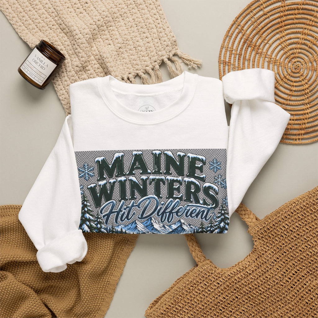 Maine Winters Hit Different Crewneck Sweatshirt – Cozy Maine Winter Mountain Sweater ❄️🌲🏔️