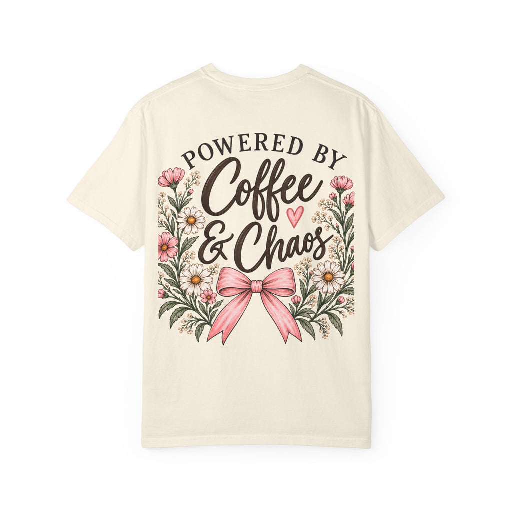 Powered by Coffee & Chaos Floral Bow Tee ☕🎀
