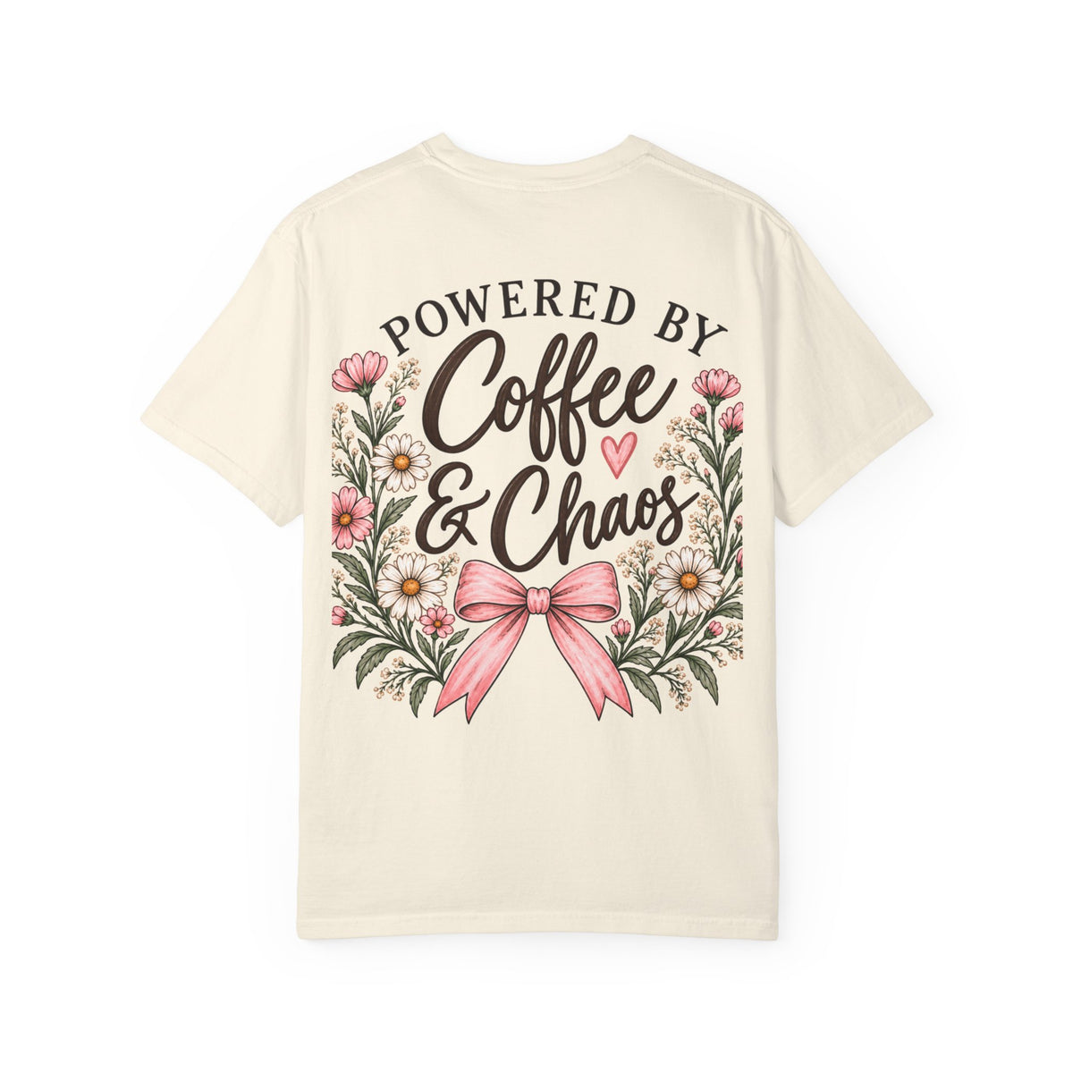 Powered by Coffee & Chaos Floral Bow Tee ☕🎀