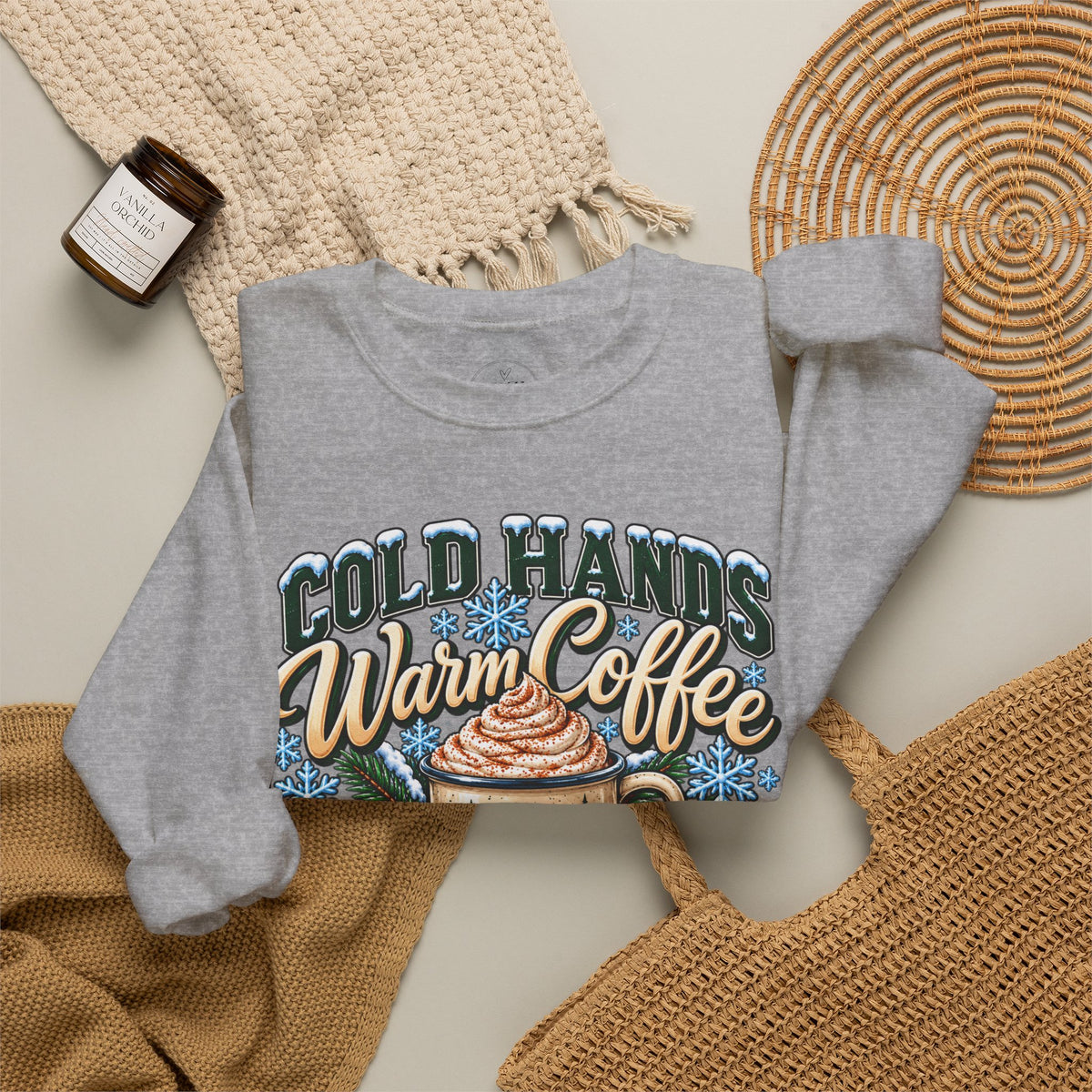 Cold Hands, Warm Coffee Winter Crewneck Sweatshirt – Cozy Mountain Coffee Sweater ☕❄️🌲