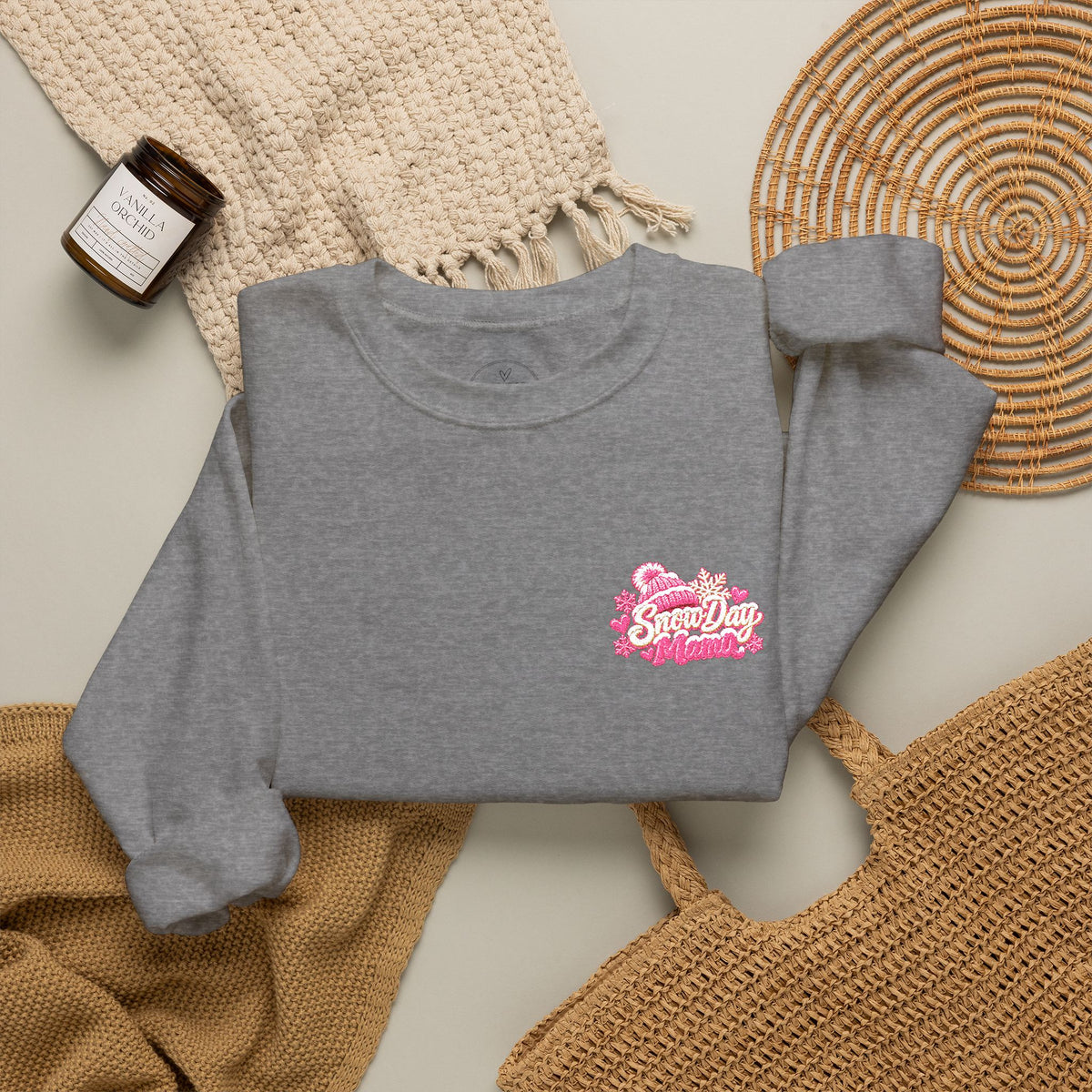“Snow Day Mama Embroidered Crewneck – Cozy Winter Mom Sweatshirt.” ❄️🩷