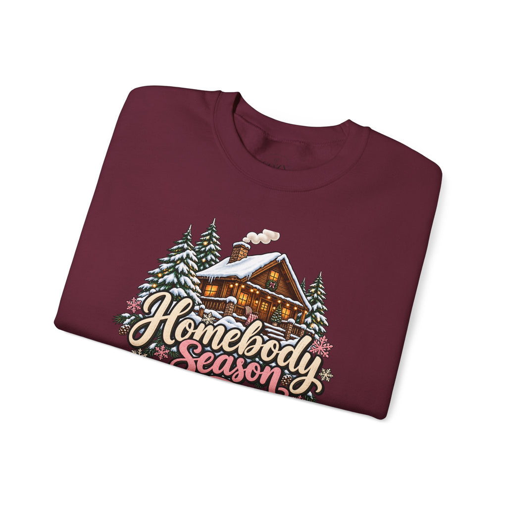 Homebody Season Cozy Winter Crewneck Sweatshirt – Snowy Cabin Graphic Sweater 🏡❄️🌲🩷
