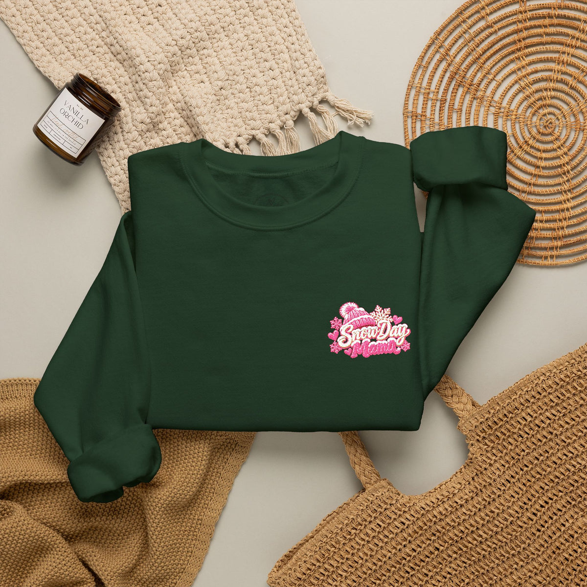 “Snow Day Mama Embroidered Crewneck – Cozy Winter Mom Sweatshirt.” ❄️🩷