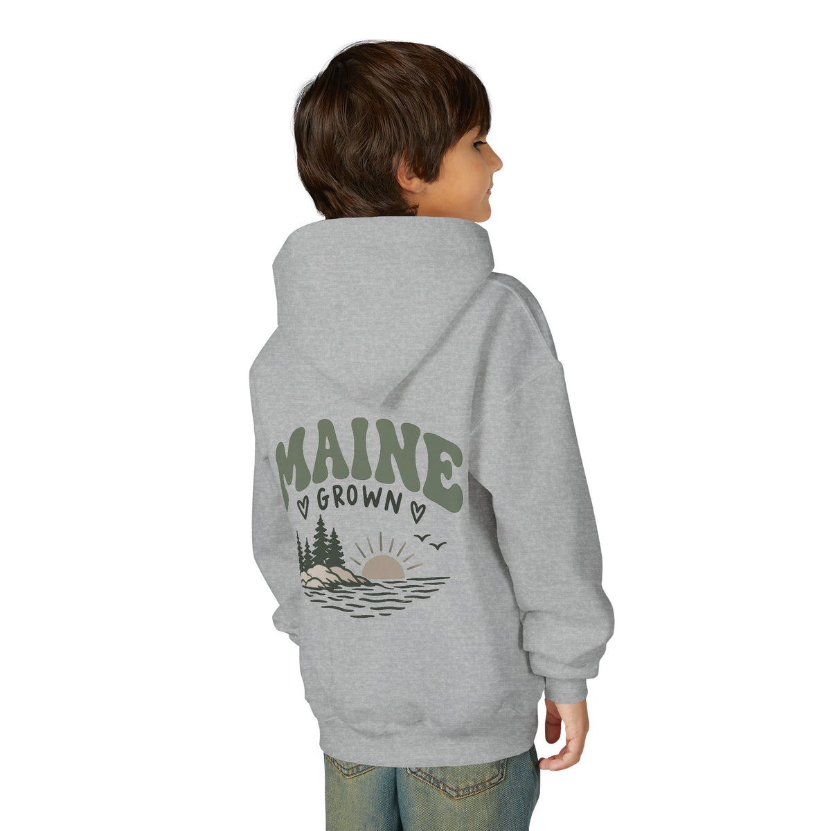 Maine Grown Kids Sweatshirt – Cozy Outdoor Pine Tree & Sunset Crewneck