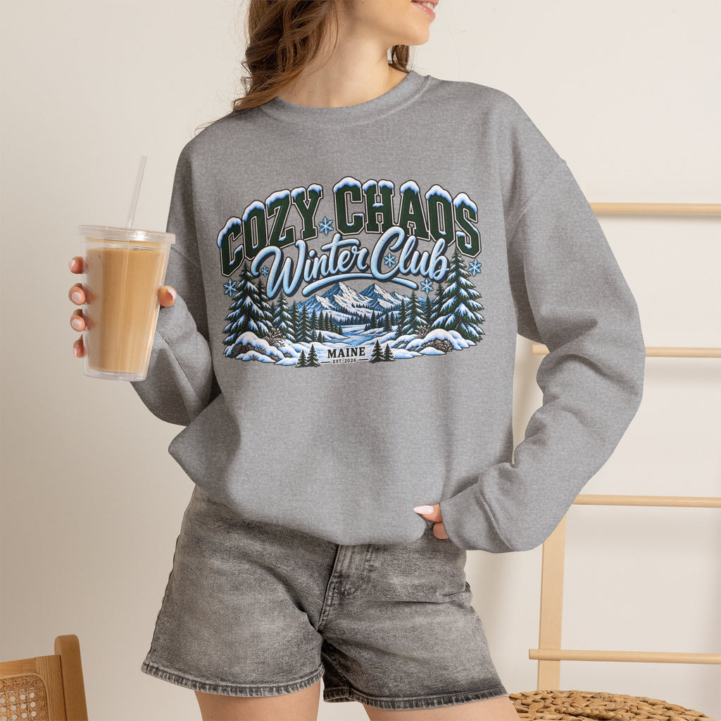 Cozy Chaos Winter Club Maine Crewneck Sweatshirt – Cozy Mountain Winter Sweater ❄️🌲🏔️