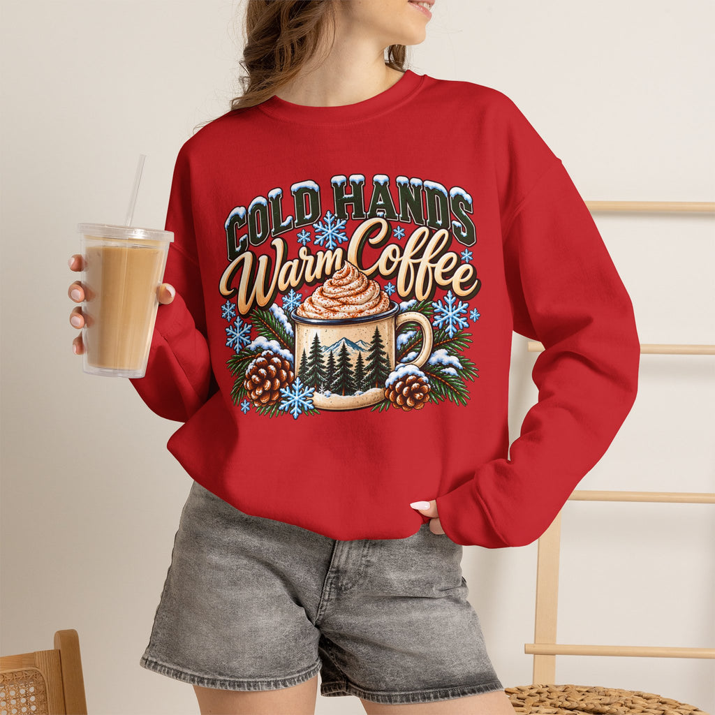 Cold Hands, Warm Coffee Winter Crewneck Sweatshirt – Cozy Mountain Coffee Sweater ☕❄️🌲