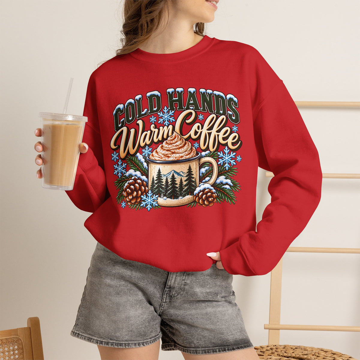 Cold Hands, Warm Coffee Winter Crewneck Sweatshirt – Cozy Mountain Coffee Sweater ☕❄️🌲