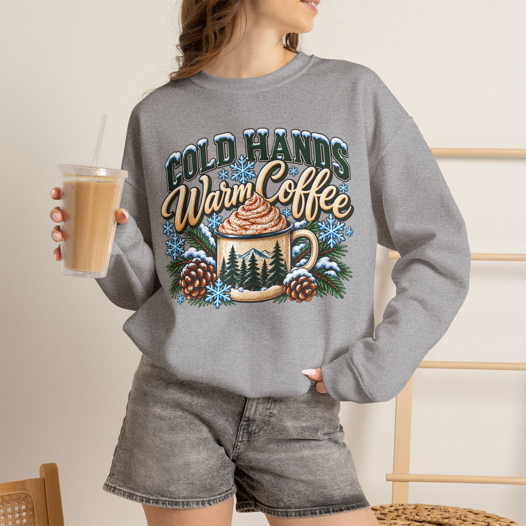 Cold Hands, Warm Coffee Winter Crewneck Sweatshirt – Cozy Mountain Coffee Sweater ☕❄️🌲
