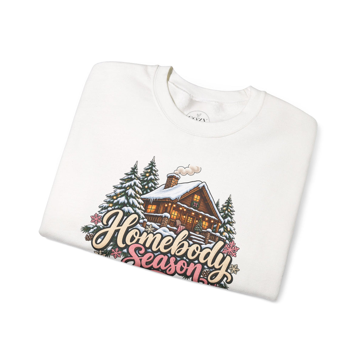 Homebody Season Cozy Winter Crewneck Sweatshirt – Snowy Cabin Graphic Sweater 🏡❄️🌲🩷
