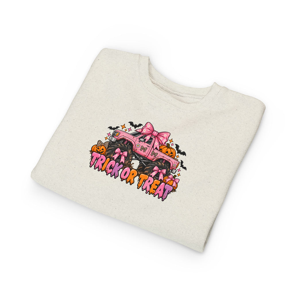 “Pink Trick or Treat Monster Truck Toddler Kids Halloween Sweatshirt | Cozy Chaos Kid” 🎀👻🏁
