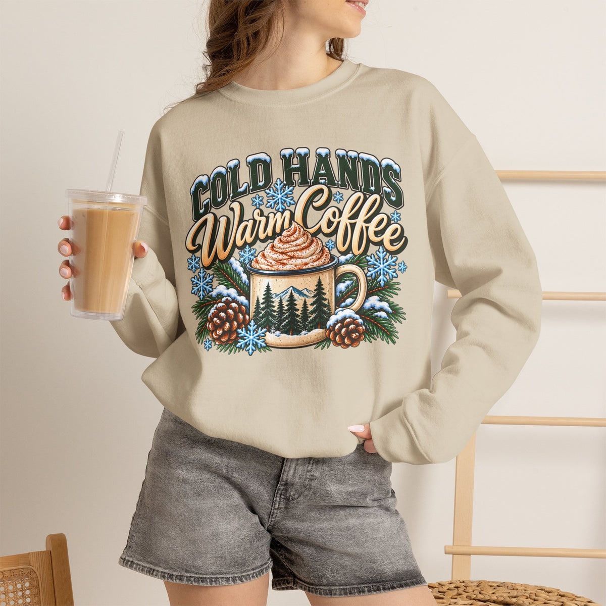 Cold Hands, Warm Coffee Winter Crewneck Sweatshirt – Cozy Mountain Coffee Sweater ☕❄️🌲