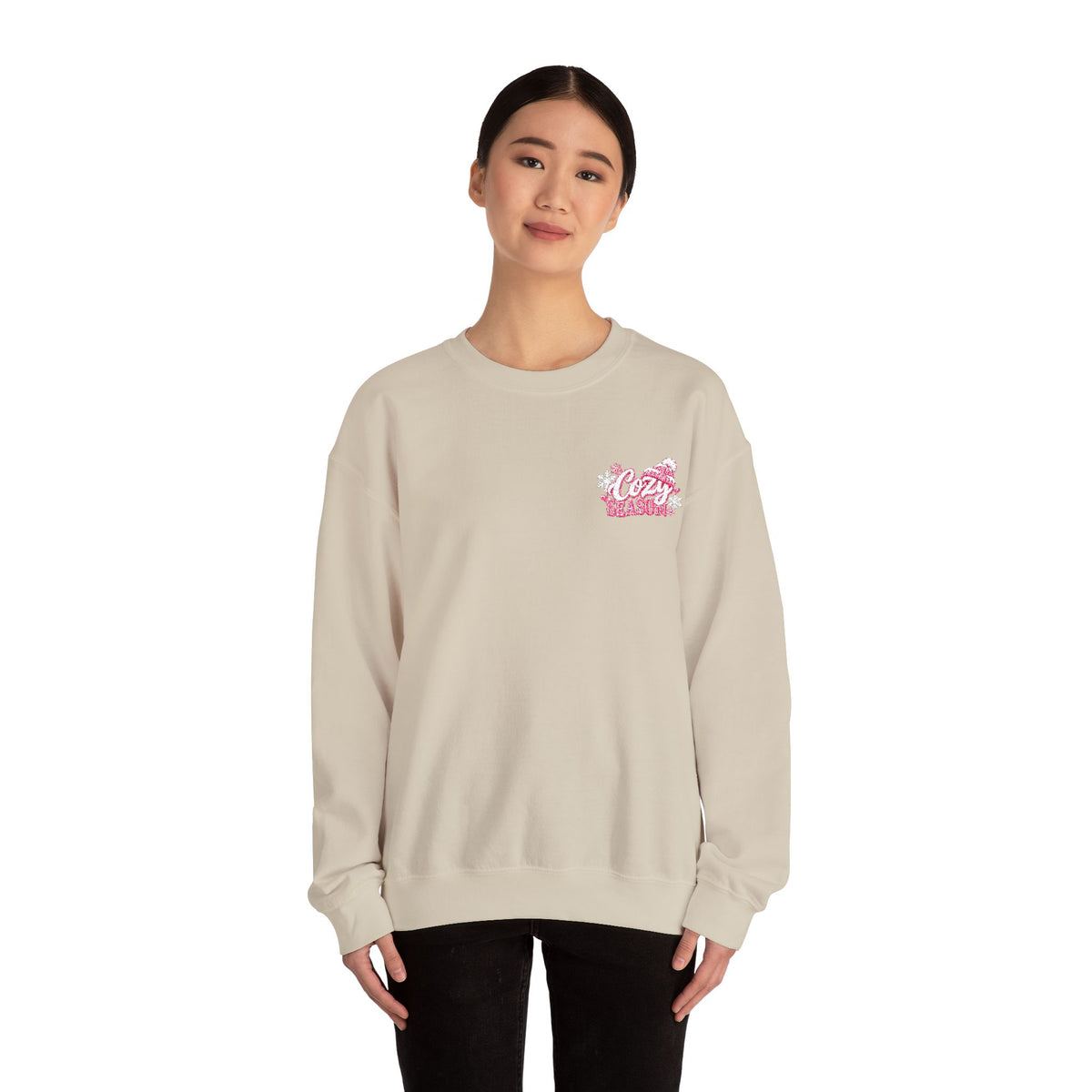 Cozy Season Embroidered Winter Crewneck Sweatshirt – Cozy Mama Snow Day Sweater ❄️🩷
