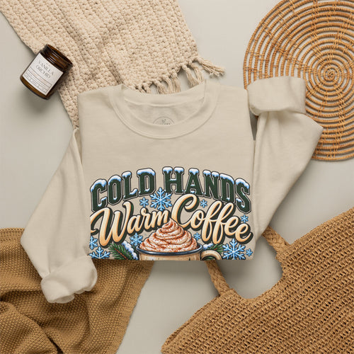 Cold Hands, Warm Coffee Winter Crewneck Sweatshirt – Cozy Mountain Coffee Sweater ☕❄️🌲