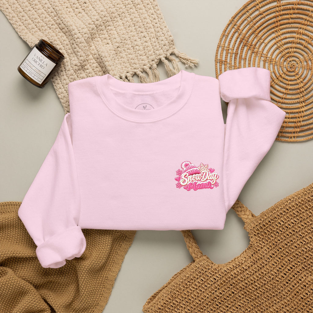 “Snow Day Mama Embroidered Crewneck – Cozy Winter Mom Sweatshirt.” ❄️🩷