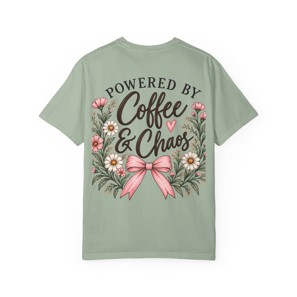 Powered by Coffee & Chaos Floral Bow Tee ☕🎀