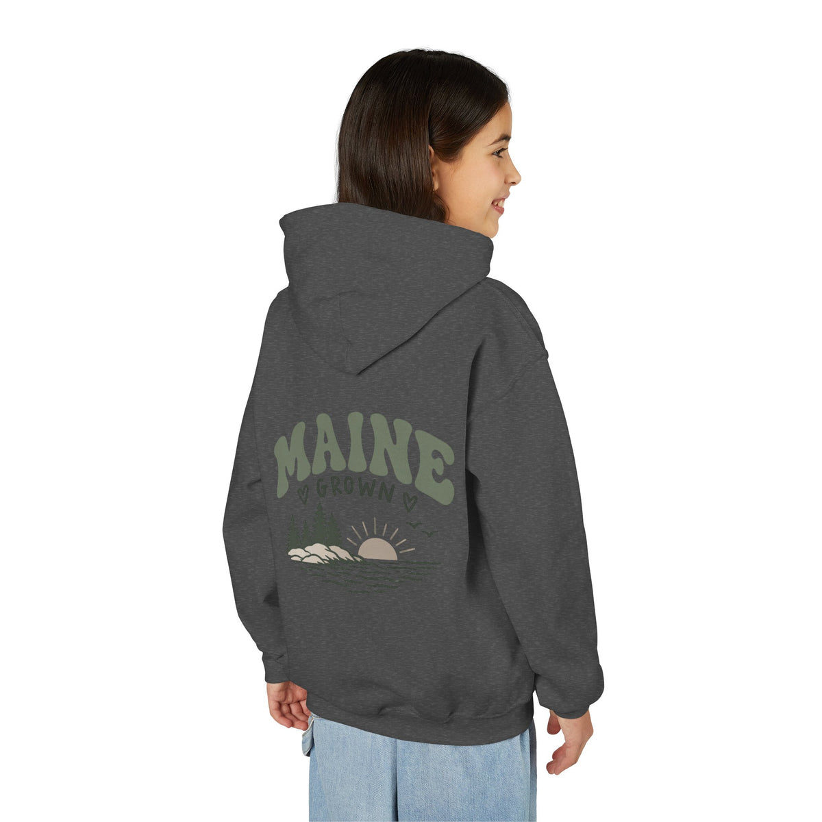Maine Grown Kids Sweatshirt – Cozy Outdoor Pine Tree & Sunset Crewneck
