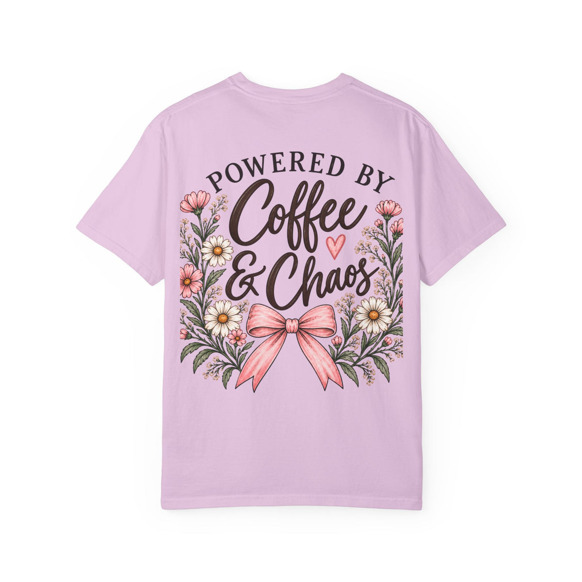 Powered by Coffee & Chaos Floral Bow Tee ☕🎀