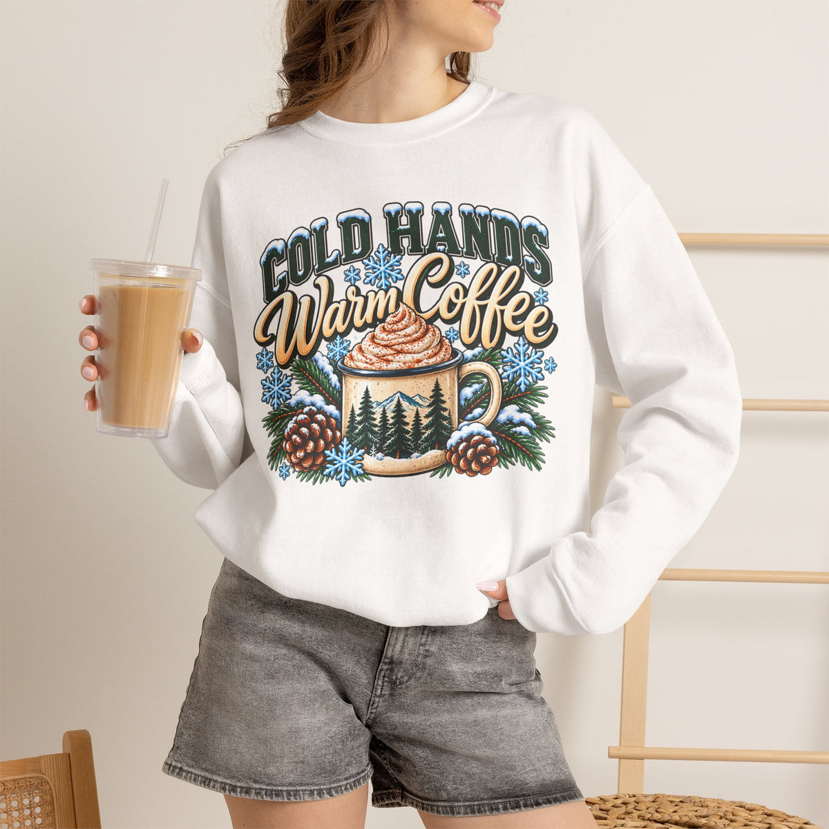 Cold Hands, Warm Coffee Winter Crewneck Sweatshirt – Cozy Mountain Coffee Sweater ☕❄️🌲