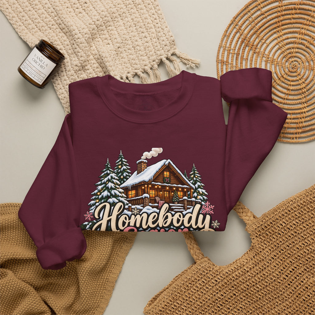 Homebody Season Cozy Winter Crewneck Sweatshirt – Snowy Cabin Graphic Sweater 🏡❄️🌲🩷