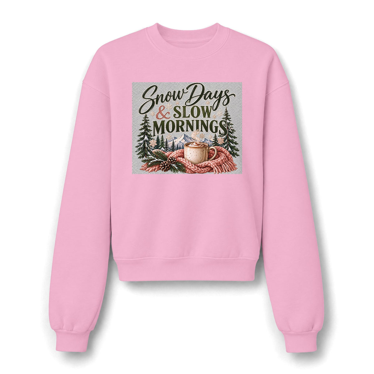 Snow Days & Slow Mornings Women’s Crewneck Sweatshirt | Cozy Winter Pullover | Coffee & Mountain Graphic