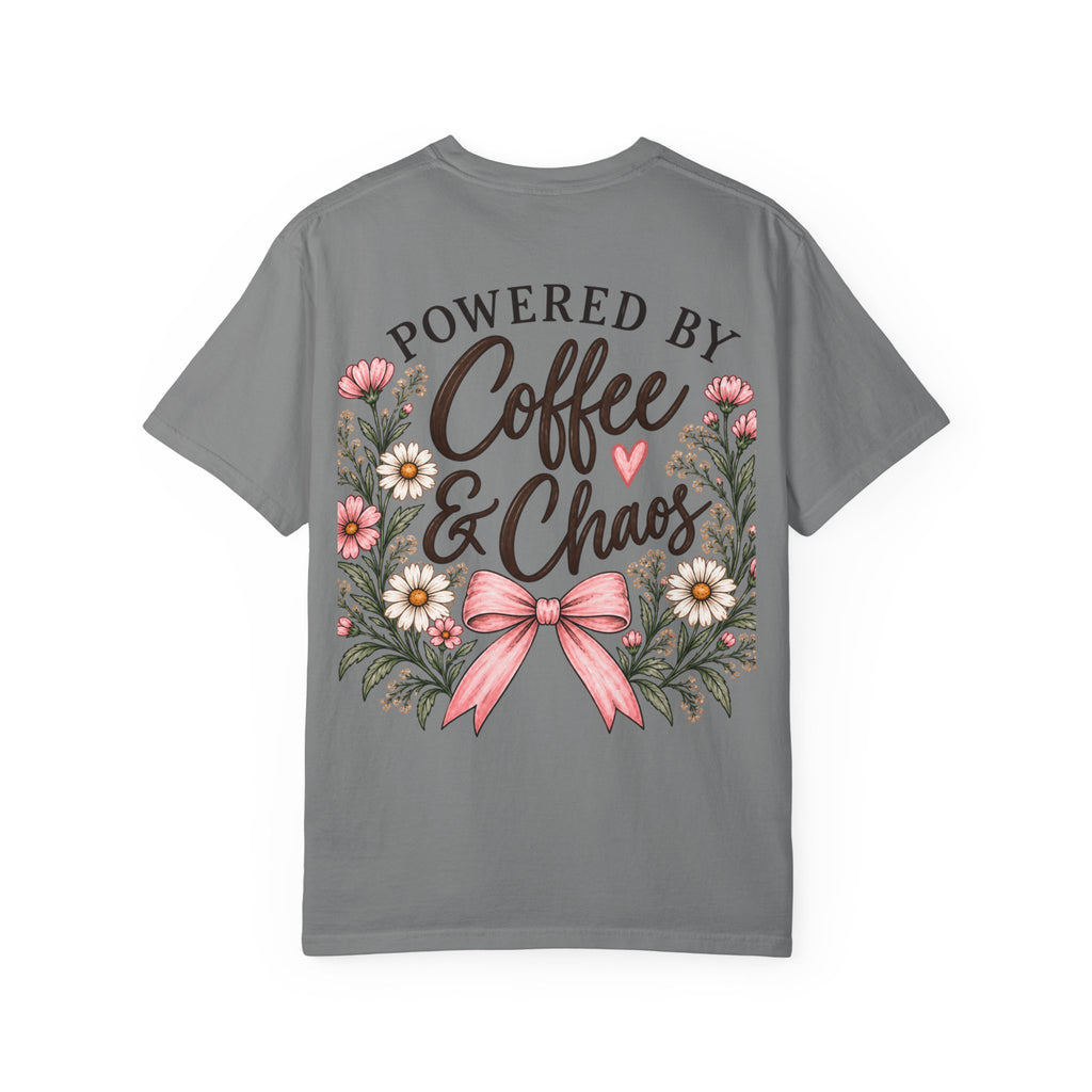 Powered by Coffee & Chaos Floral Bow Tee ☕🎀