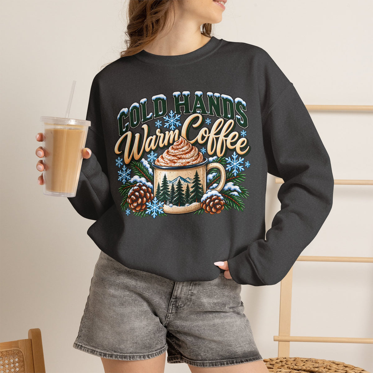 Cold Hands, Warm Coffee Winter Crewneck Sweatshirt – Cozy Mountain Coffee Sweater ☕❄️🌲