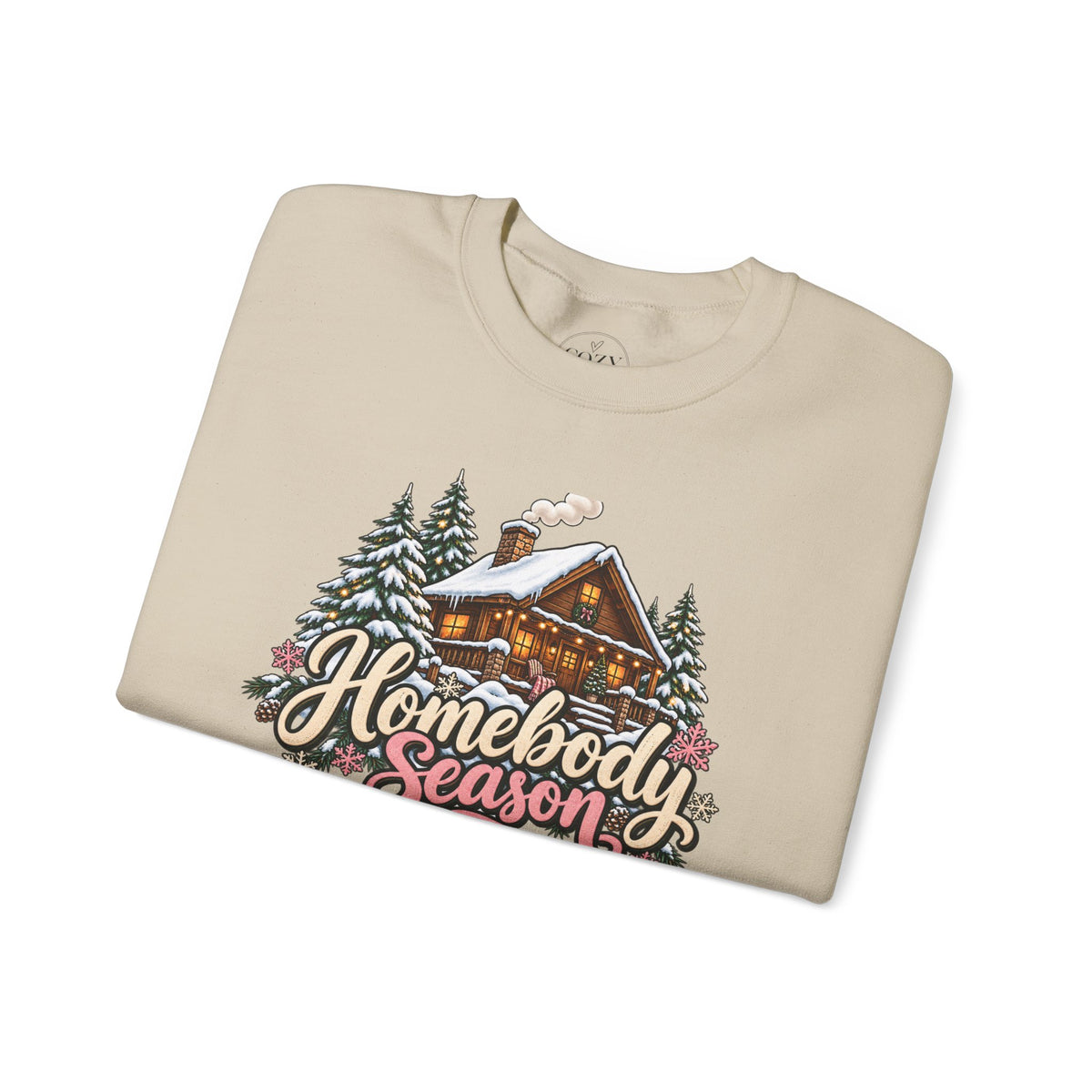 Homebody Season Cozy Winter Crewneck Sweatshirt – Snowy Cabin Graphic Sweater 🏡❄️🌲🩷
