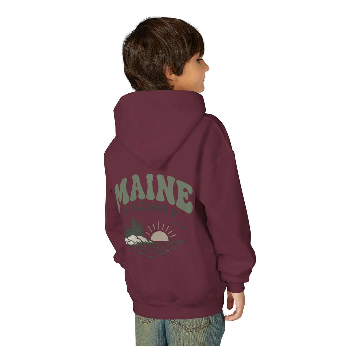 Maine Grown Kids Sweatshirt – Cozy Outdoor Pine Tree & Sunset Crewneck