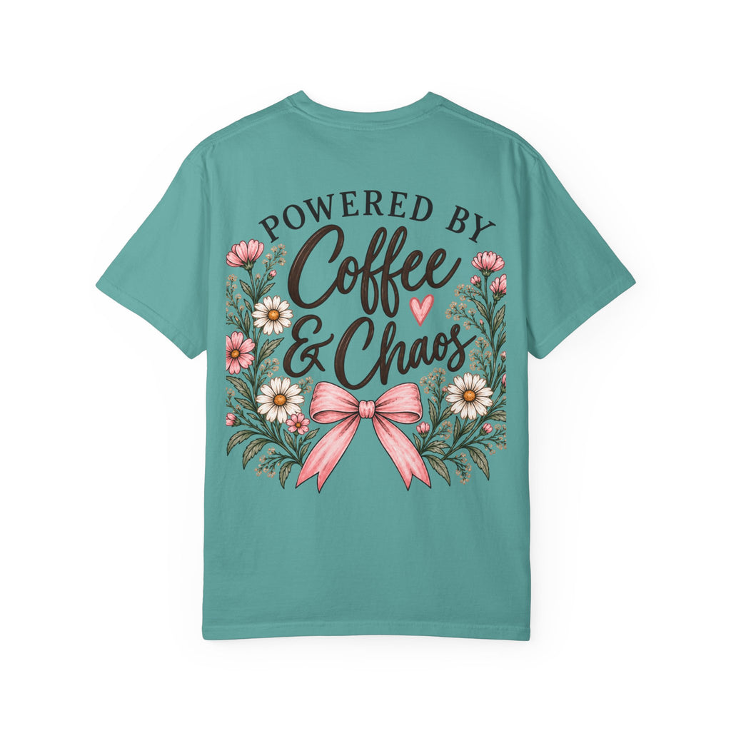 Powered by Coffee & Chaos Floral Bow Tee ☕🎀