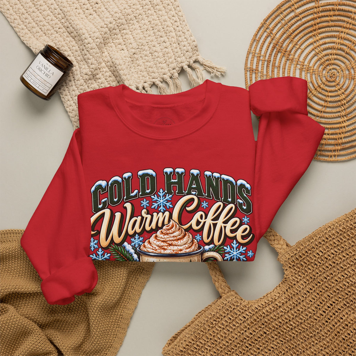 Cold Hands, Warm Coffee Winter Crewneck Sweatshirt – Cozy Mountain Coffee Sweater ☕❄️🌲