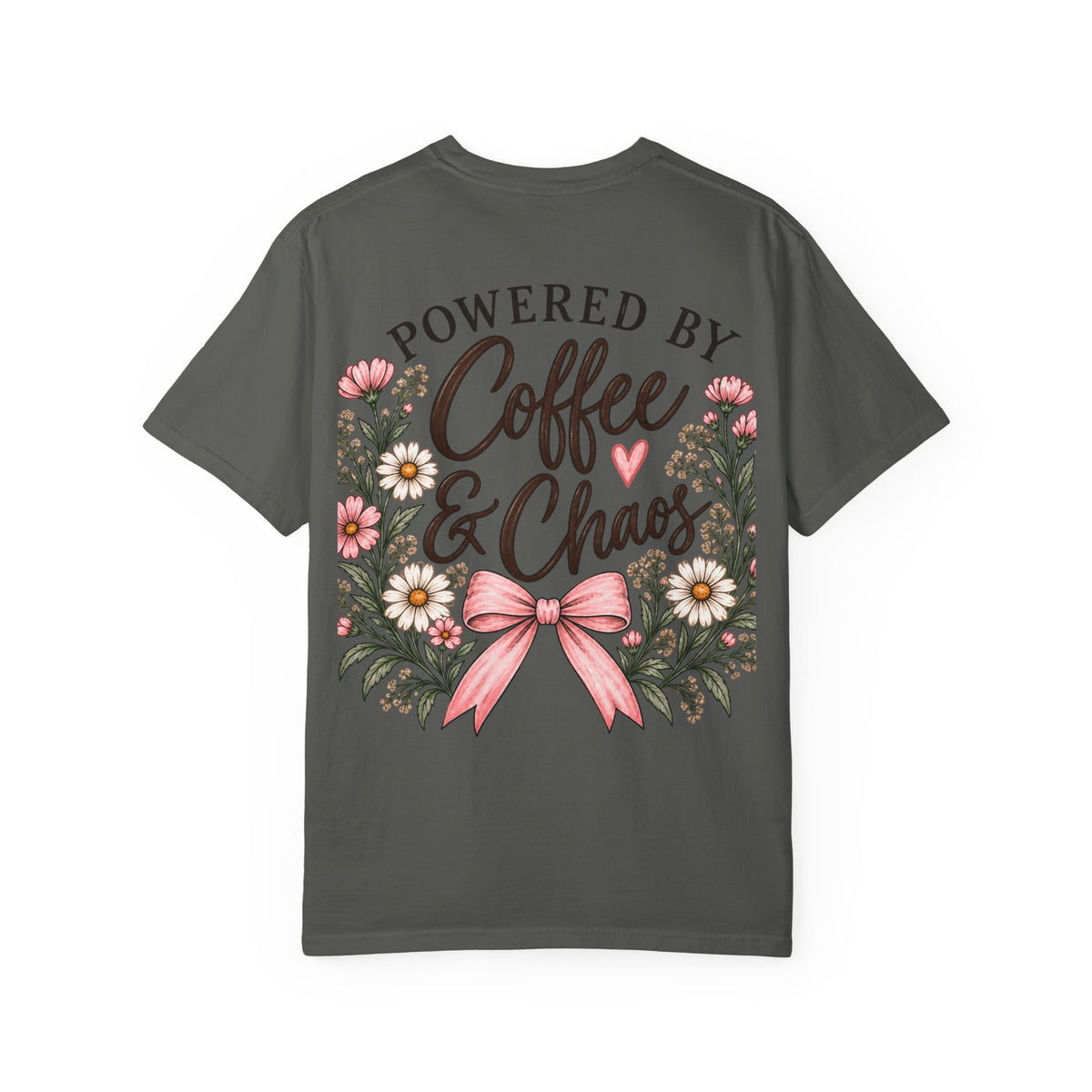 Powered by Coffee & Chaos Floral Bow Tee ☕🎀