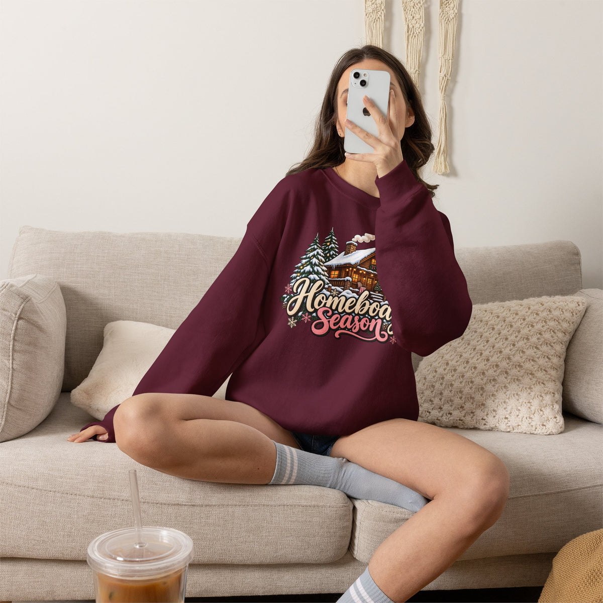 Homebody Season Cozy Winter Crewneck Sweatshirt – Snowy Cabin Graphic Sweater 🏡❄️🌲🩷