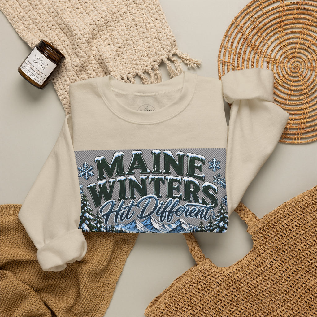 Maine Winters Hit Different Crewneck Sweatshirt – Cozy Maine Winter Mountain Sweater ❄️🌲🏔️