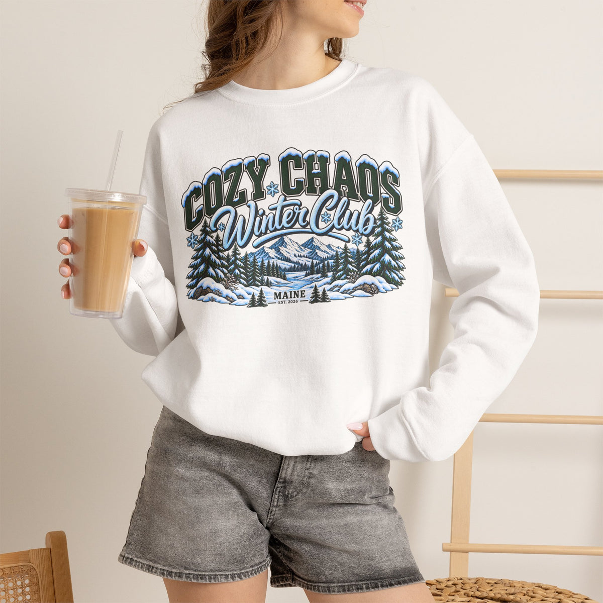 Cozy Chaos Winter Club Maine Crewneck Sweatshirt – Cozy Mountain Winter Sweater ❄️🌲🏔️