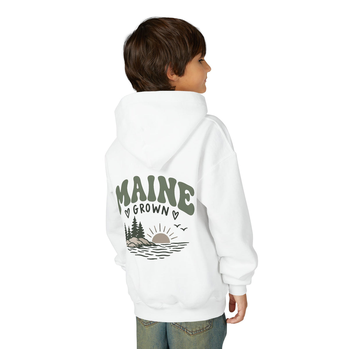 Maine Grown Kids Sweatshirt – Cozy Outdoor Pine Tree & Sunset Crewneck