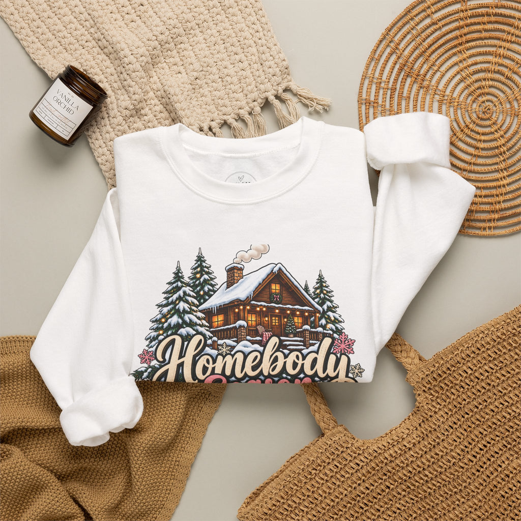 Homebody Season Cozy Winter Crewneck Sweatshirt – Snowy Cabin Graphic Sweater 🏡❄️🌲🩷