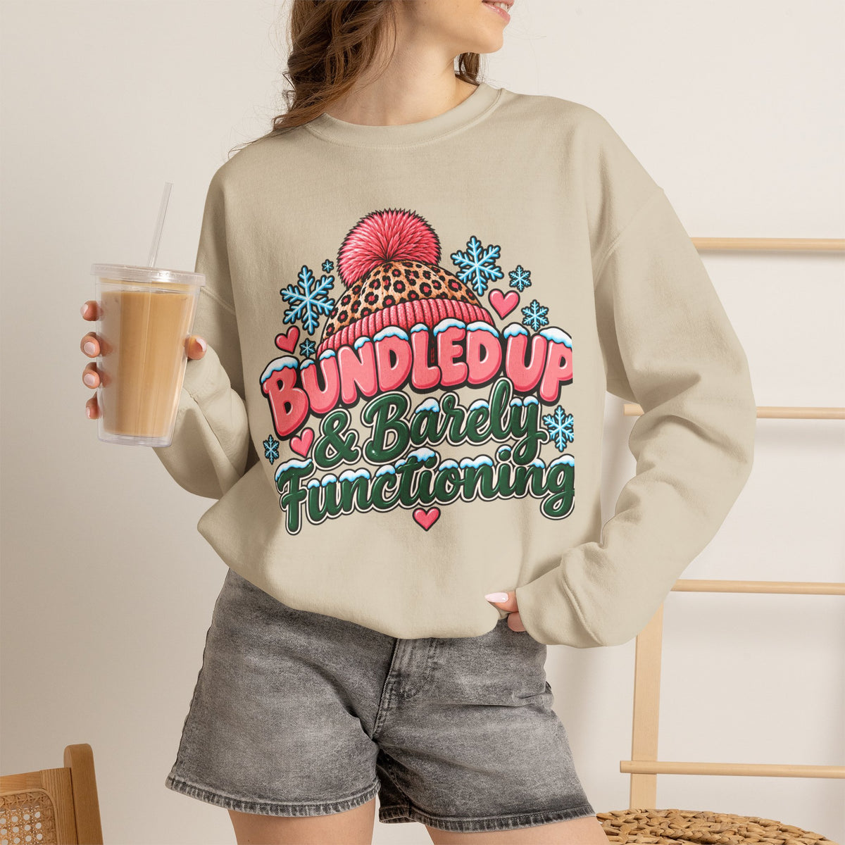 Bundled Up & Barely Functioning Winter Crewneck Sweatshirt – Cozy Mama Graphic Sweater ❄️🩷