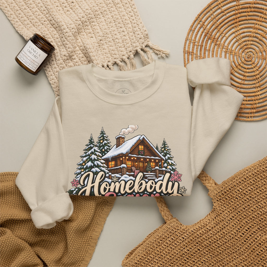 Homebody Season Cozy Winter Crewneck Sweatshirt – Snowy Cabin Graphic Sweater 🏡❄️🌲🩷