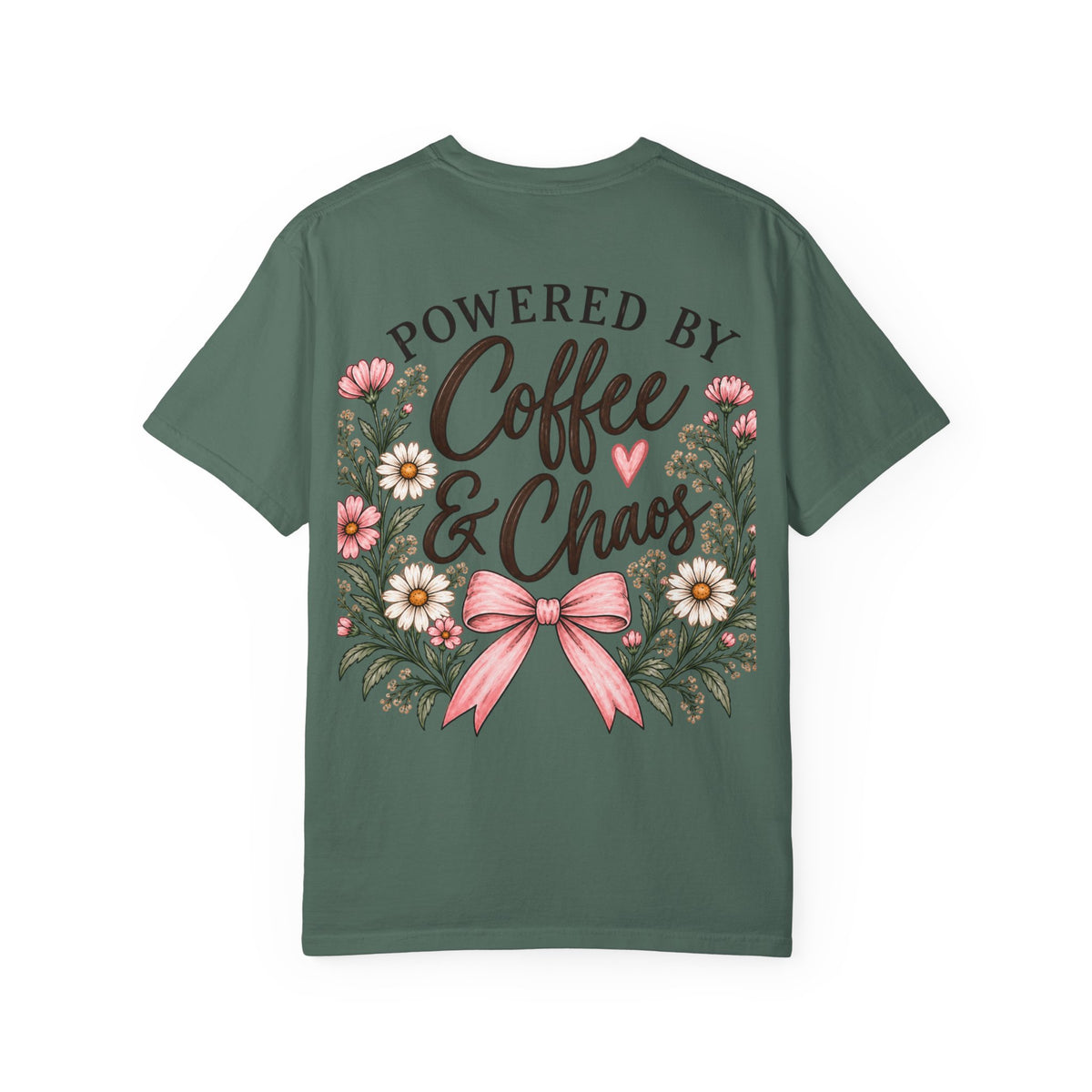 Powered by Coffee & Chaos Floral Bow Tee ☕🎀