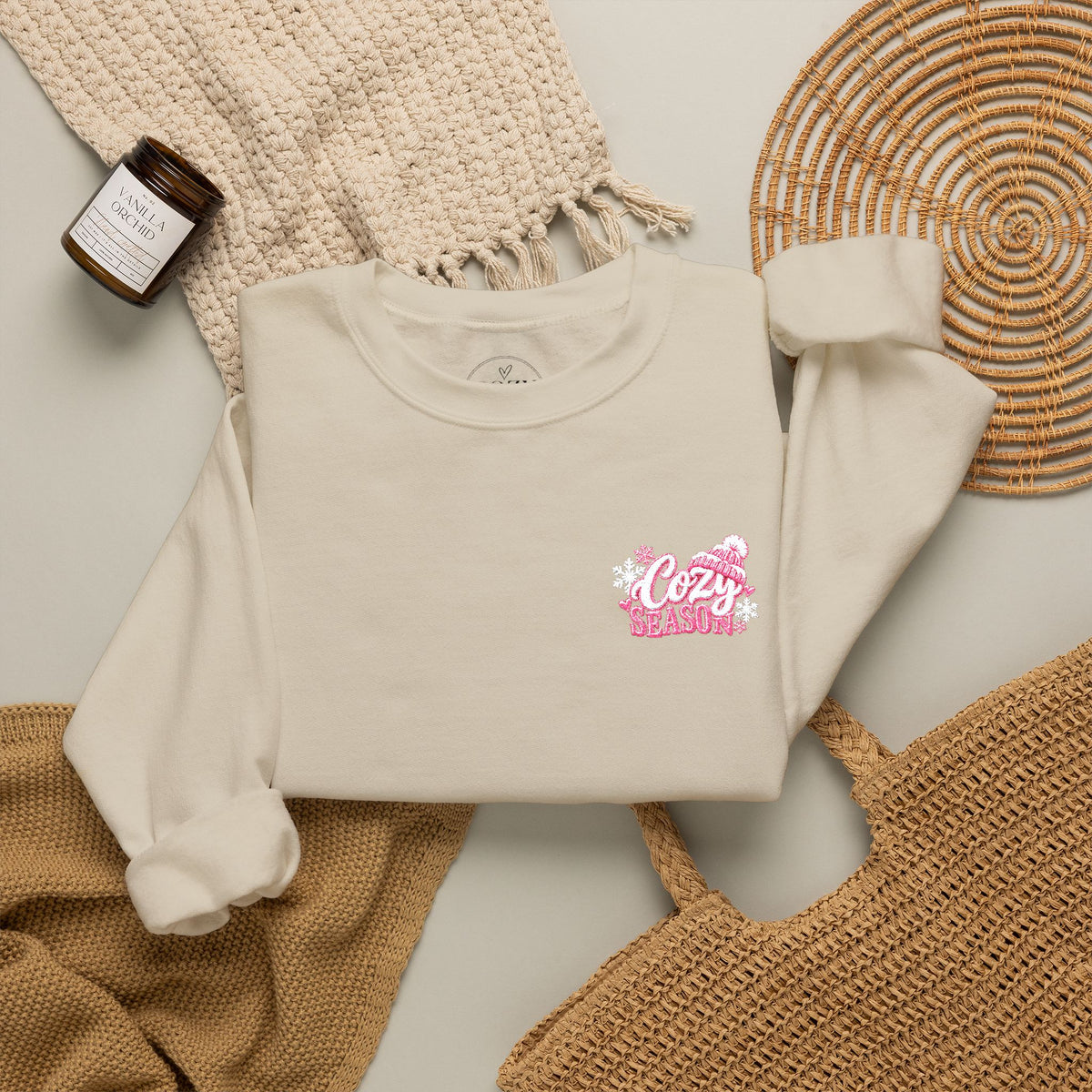 Cozy Season Embroidered Winter Crewneck Sweatshirt – Cozy Mama Snow Day Sweater ❄️🩷