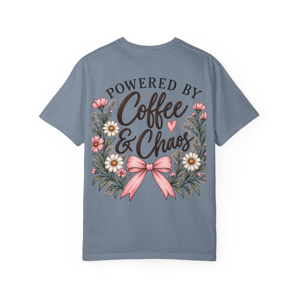 Powered by Coffee & Chaos Floral Bow Tee ☕🎀