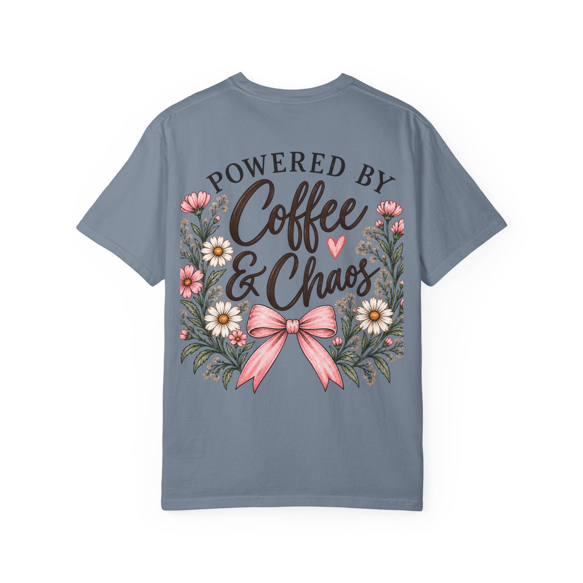 Powered by Coffee & Chaos Floral Bow Tee ☕🎀