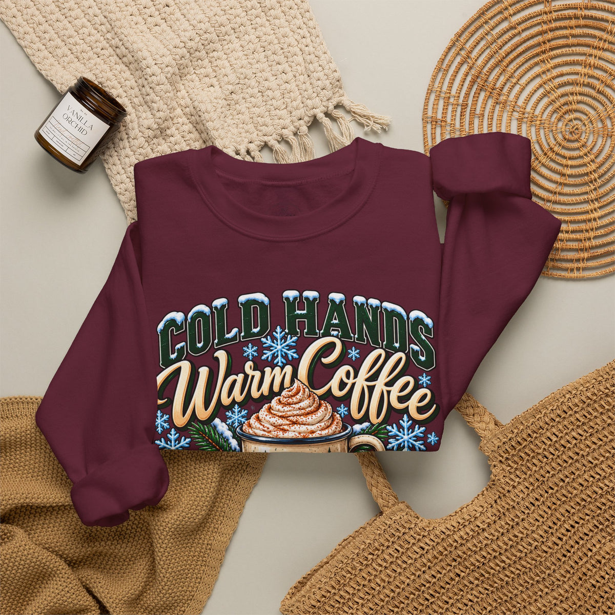 Cold Hands, Warm Coffee Winter Crewneck Sweatshirt – Cozy Mountain Coffee Sweater ☕❄️🌲