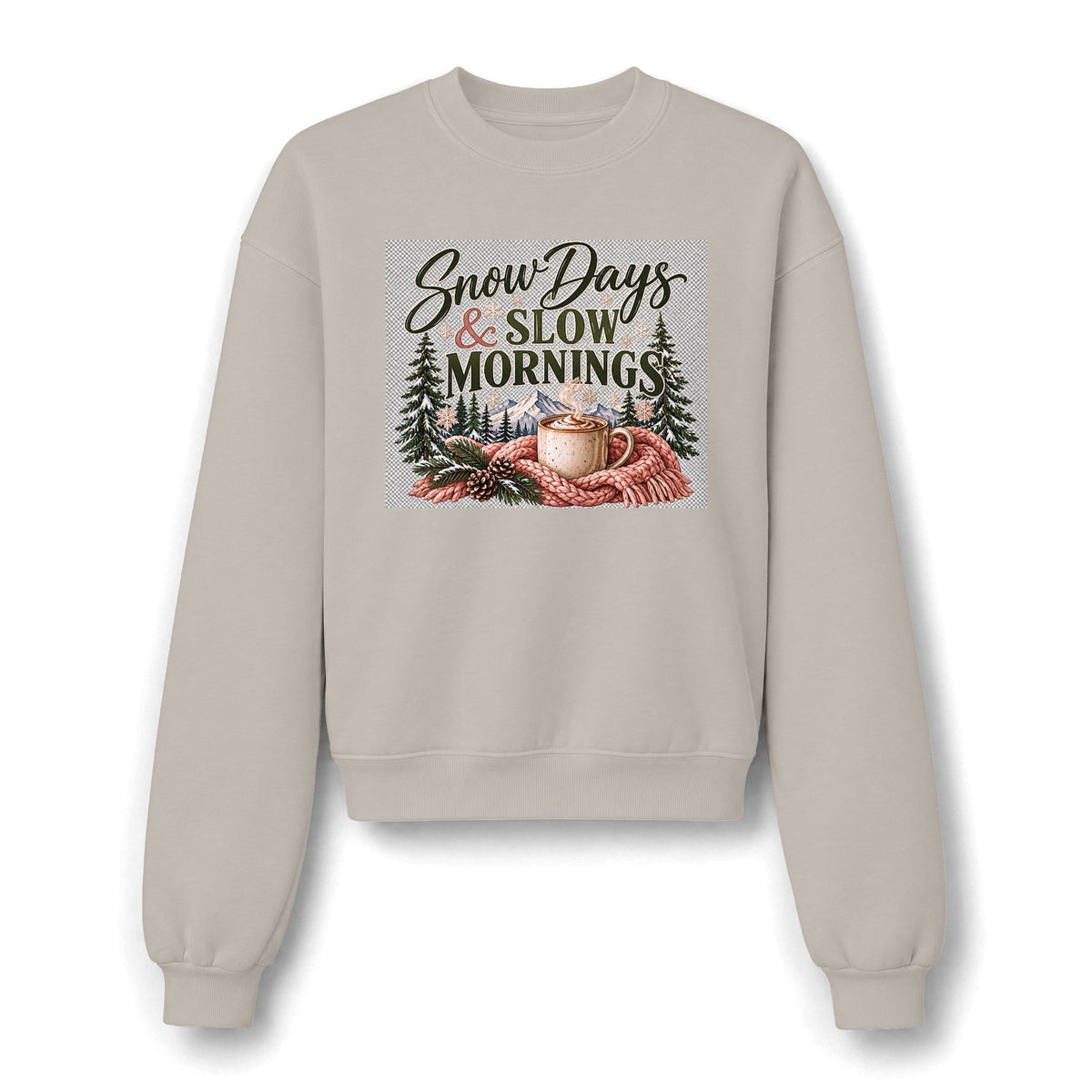 Snow Days & Slow Mornings Women’s Crewneck Sweatshirt | Cozy Winter Pullover | Coffee & Mountain Graphic