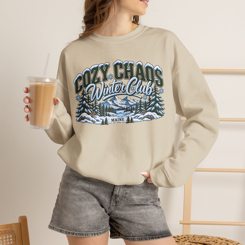 Cozy Chaos Winter Club Maine Crewneck Sweatshirt – Cozy Mountain Winter Sweater ❄️🌲🏔️