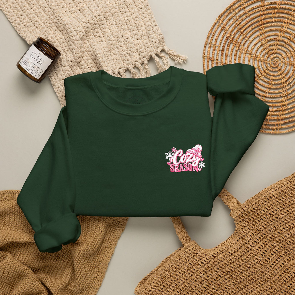 Cozy Season Embroidered Winter Crewneck Sweatshirt – Cozy Mama Snow Day Sweater ❄️🩷