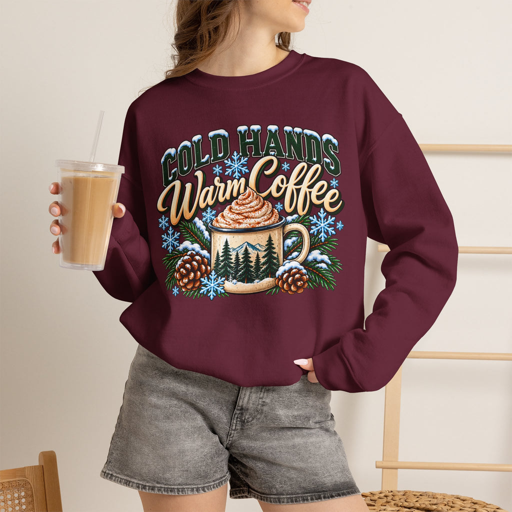 Cold Hands, Warm Coffee Winter Crewneck Sweatshirt – Cozy Mountain Coffee Sweater ☕❄️🌲