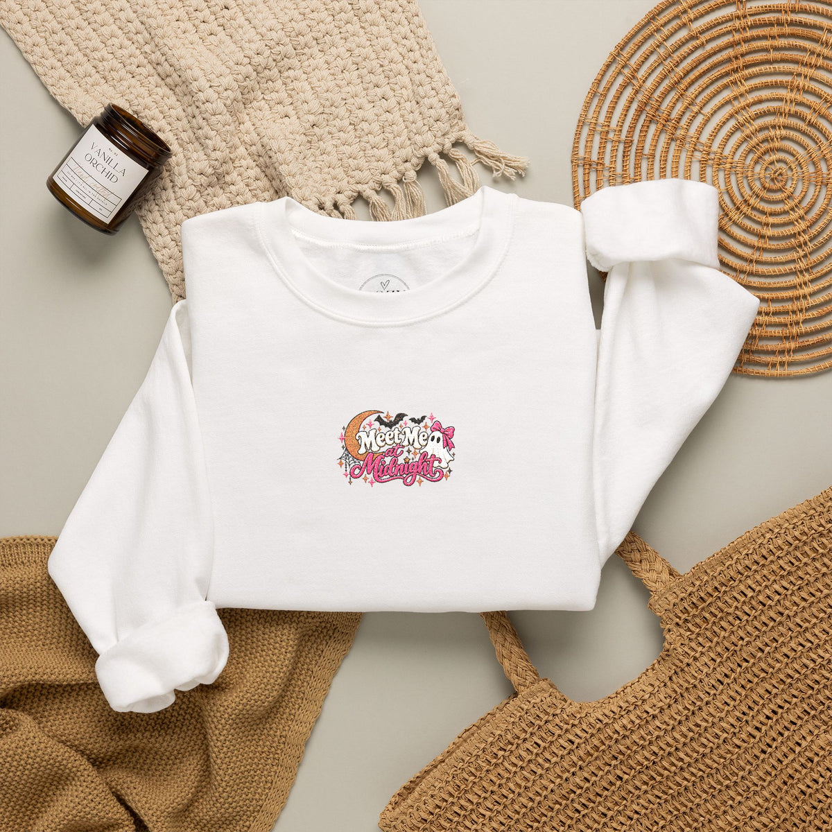 Meet Me at Midnight Embroidered Halloween Crewneck Sweatshirt – Spooky Ghost & Moon Coquette Sweatshirt 🎀👻🌙