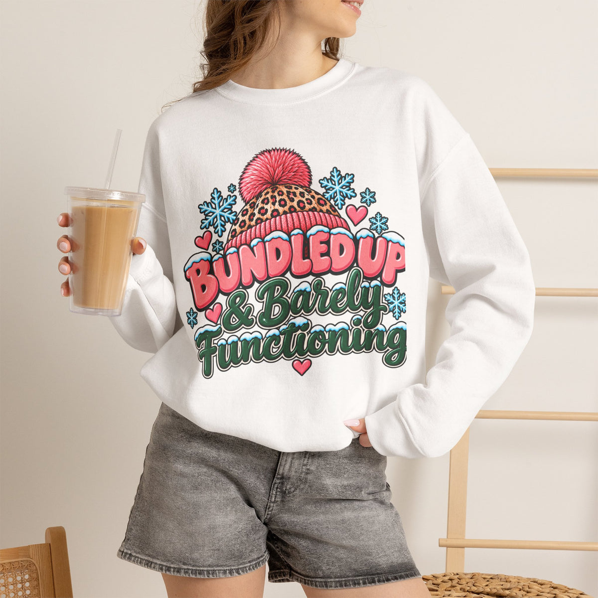 Bundled Up & Barely Functioning Winter Crewneck Sweatshirt – Cozy Mama Graphic Sweater ❄️🩷