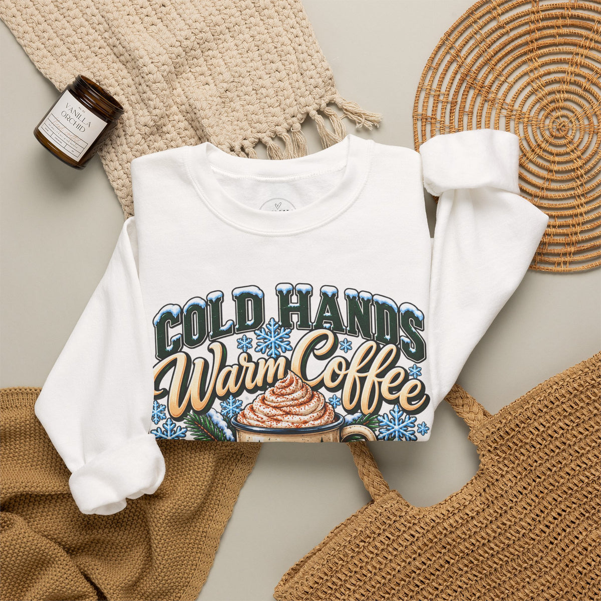 Cold Hands, Warm Coffee Winter Crewneck Sweatshirt – Cozy Mountain Coffee Sweater ☕❄️🌲
